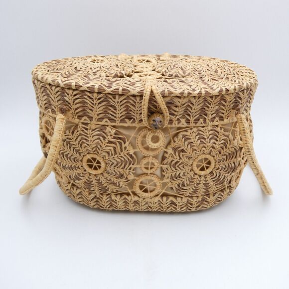 Handmade Woven Pine Straw Basket Purse 10x7 Wood Bottom Retro Boho VTG EUC - Picture 2 of 13